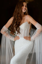 Starlit Grace Mermaid Wedding Gown with Removable Sleeve Cape