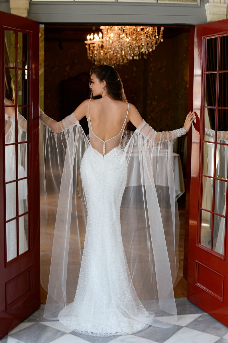 Starlit Grace Mermaid Wedding Gown with Removable Sleeve Cape