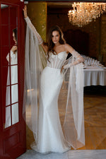 Starlit Grace Mermaid Wedding Gown with Removable Sleeve Cape