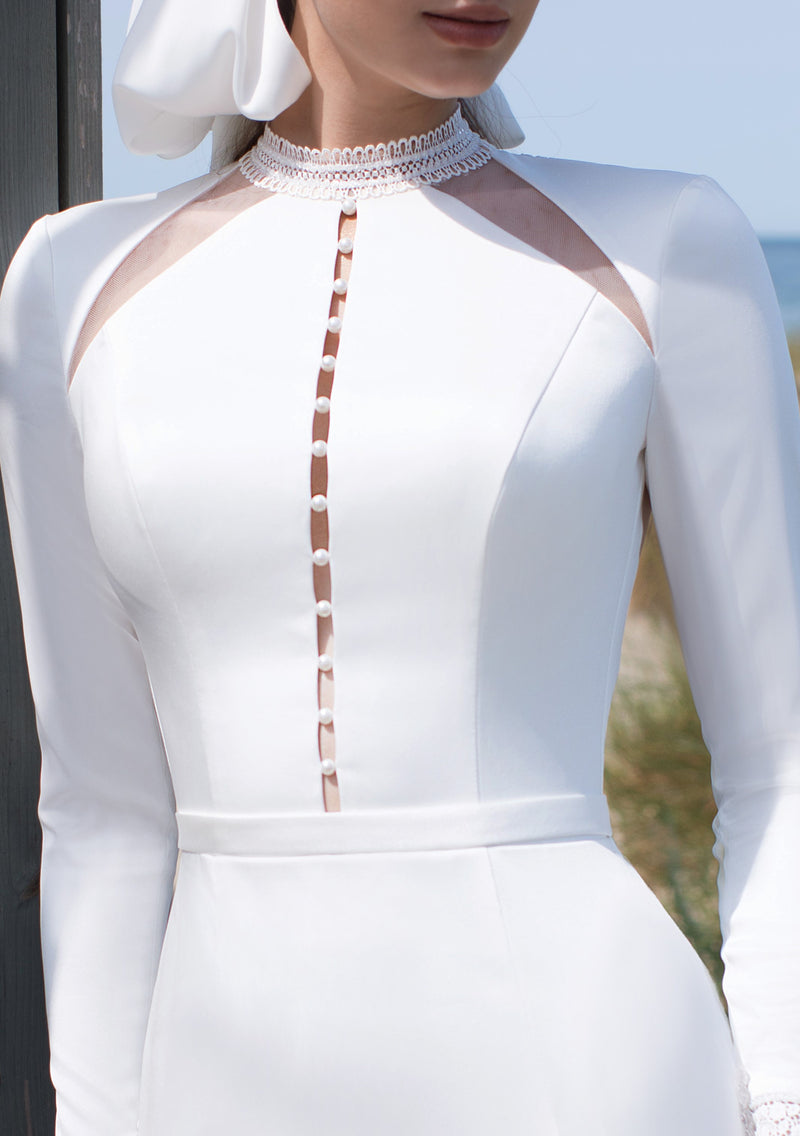 Long Sleeve High-Neck Mermaid Wedding Dress with Gorgeous Back