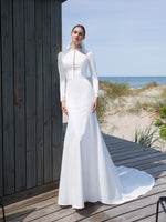 Long Sleeve High-Neck Mermaid Wedding Dress with Gorgeous Back
