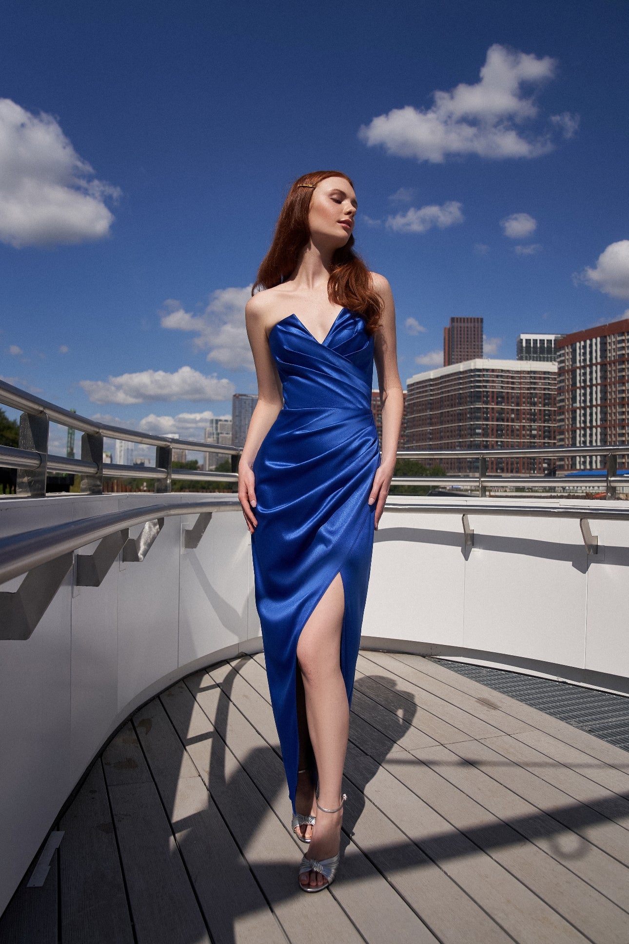 blue strapless cocktail dress Strapless Gown with Ruched Bodice and High Slit 43033
