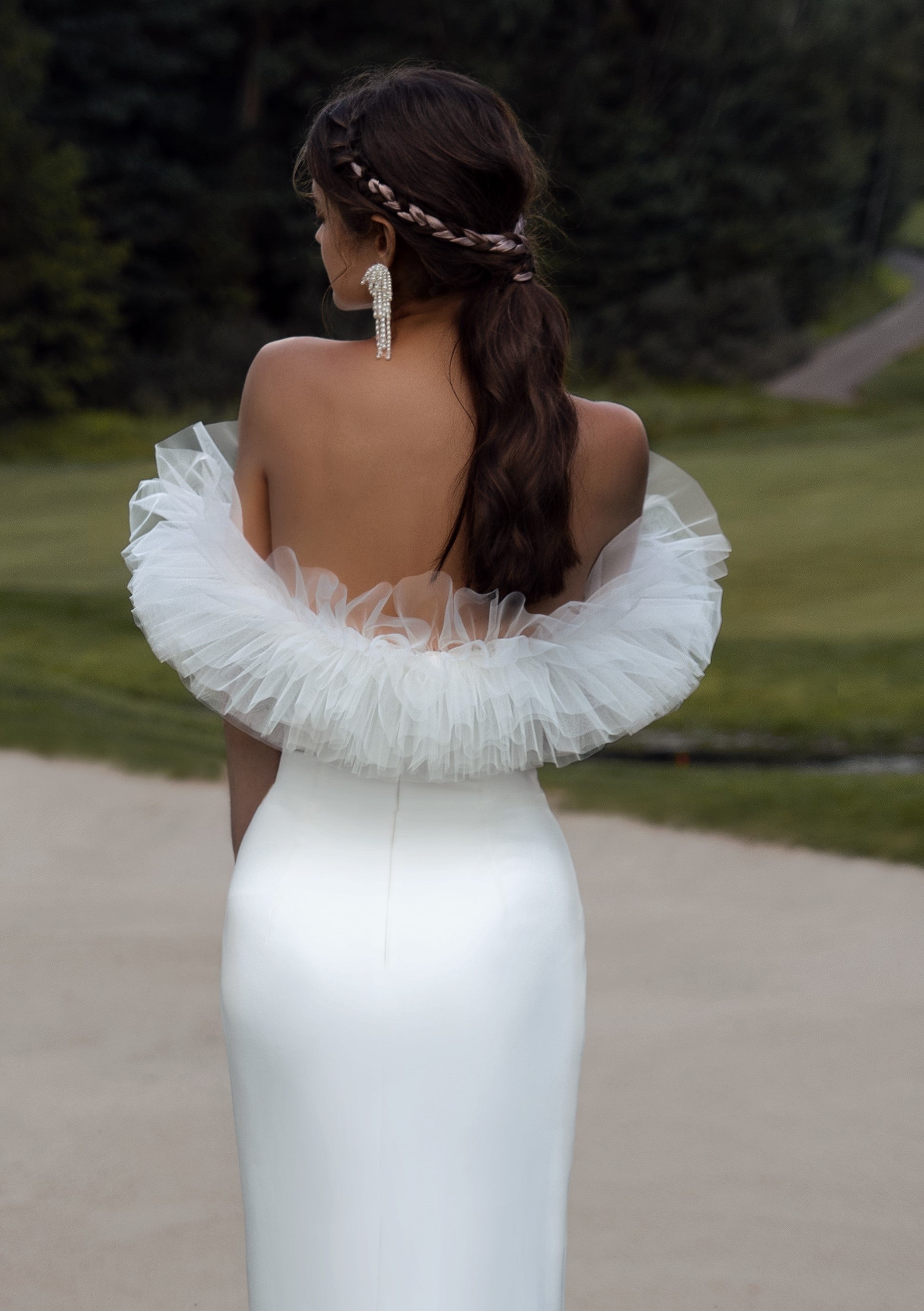 Strapless Midi White Dress with 3-D Off-Shoulder Detail EU42