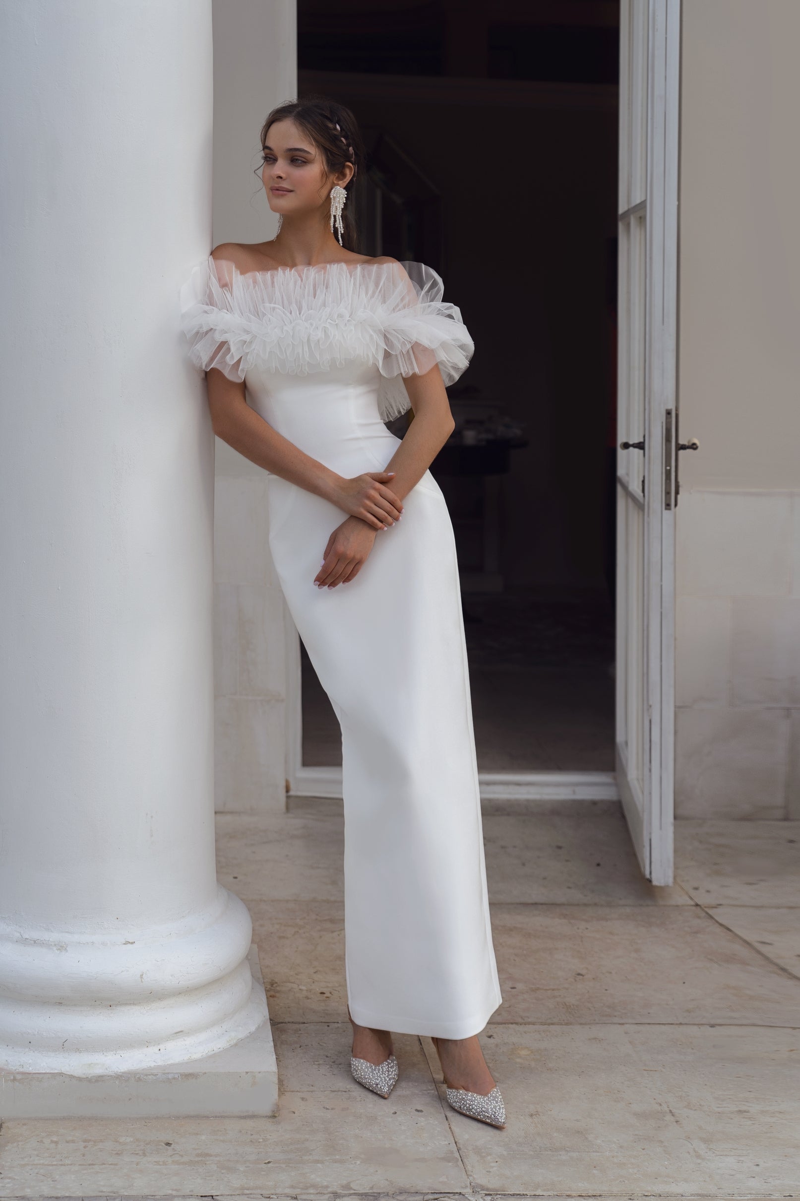 Strapless Midi White Dress with 3-D Off-Shoulder Detail – HAREM's Brides Strapless Midi White Dress with 3-D Off-Shoulder Detail – HAREM's Brides
