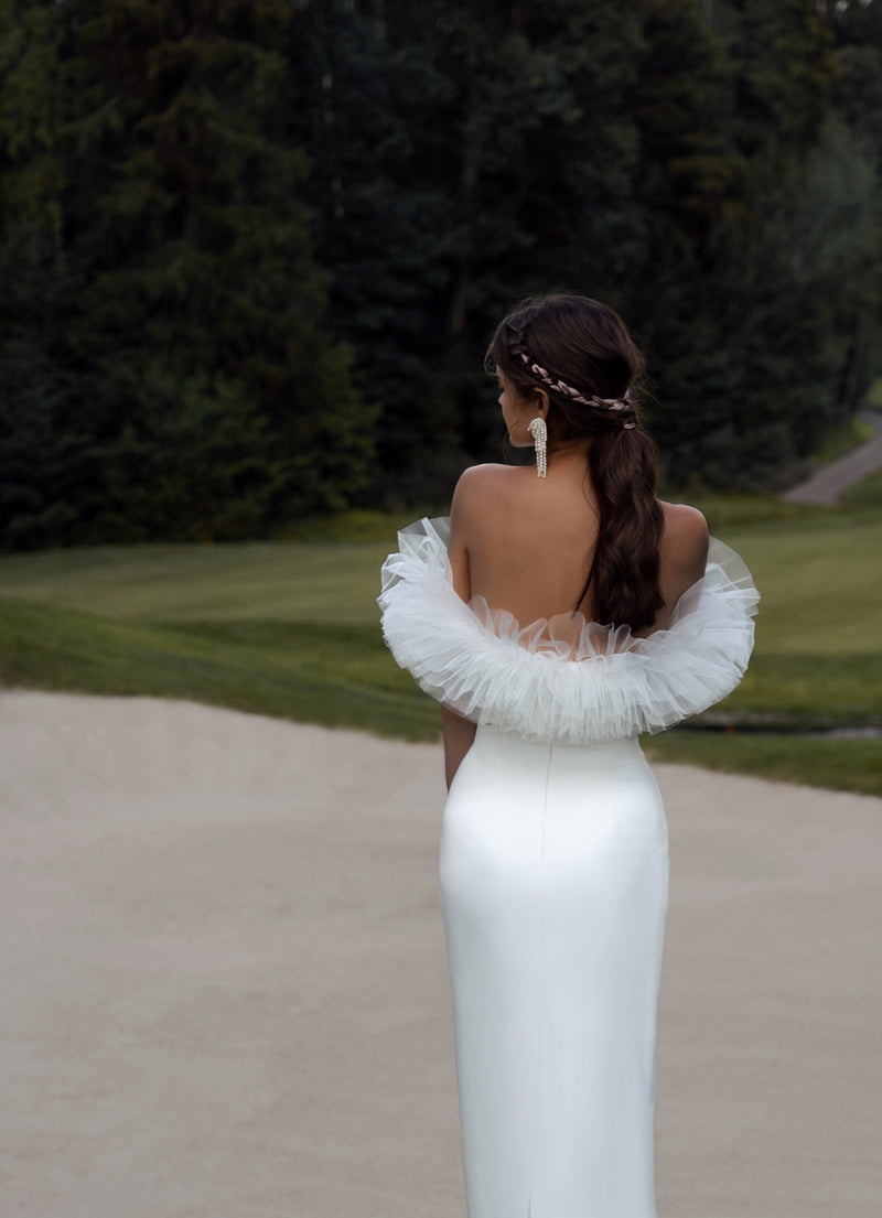 Strapless Midi White Dress with 3-D Off-Shoulder Detail – HAREM's Brides Strapless Midi White Dress with 3-D Off-Shoulder Detail – HAREM's Brides