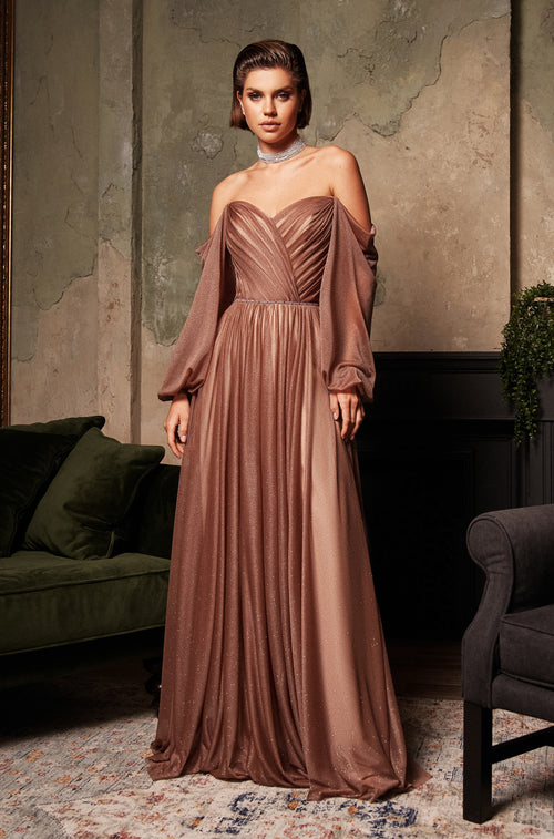 Glamorous Off-shoulder Long Sleeve Shining Evening Dress