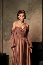 Glamorous Off-shoulder Long Sleeve Shining Evening Dress