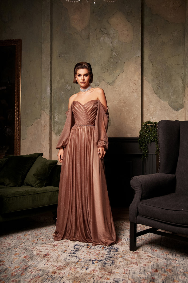 Glamorous Off-shoulder Long Sleeve Shining Evening Dress