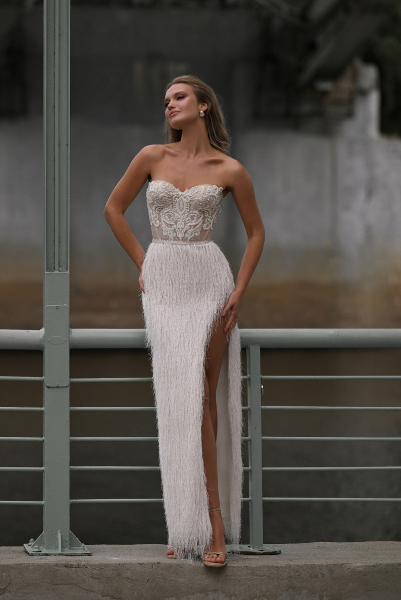 formal dress with fringe Strapless Corset Gown Skirt Slit this gown features a refined style Size:34 - Made-to-Order Girls' Formal Dresses |