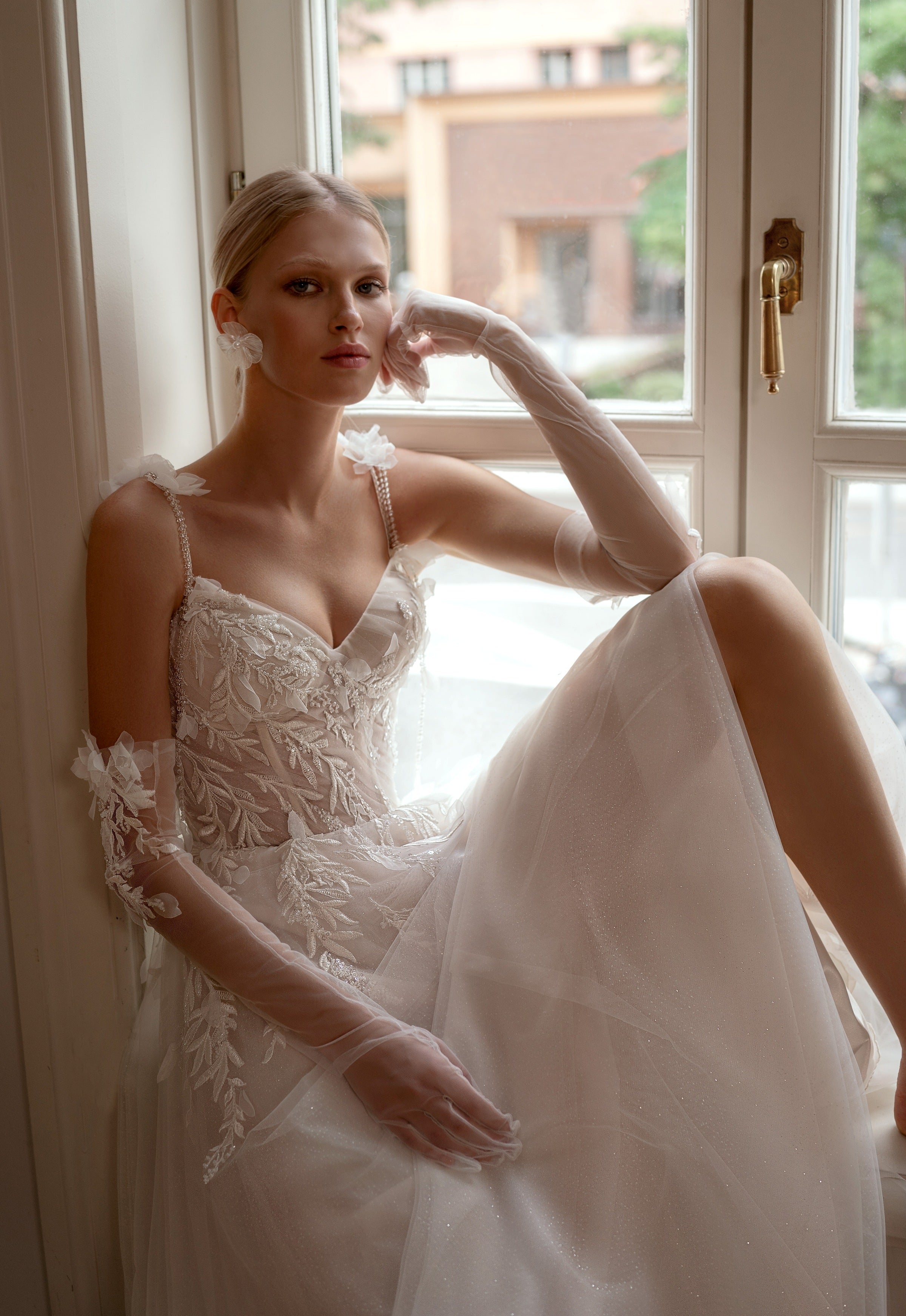 A-Line Spaghetti Strap Gown with and Removable Sleeves EU42