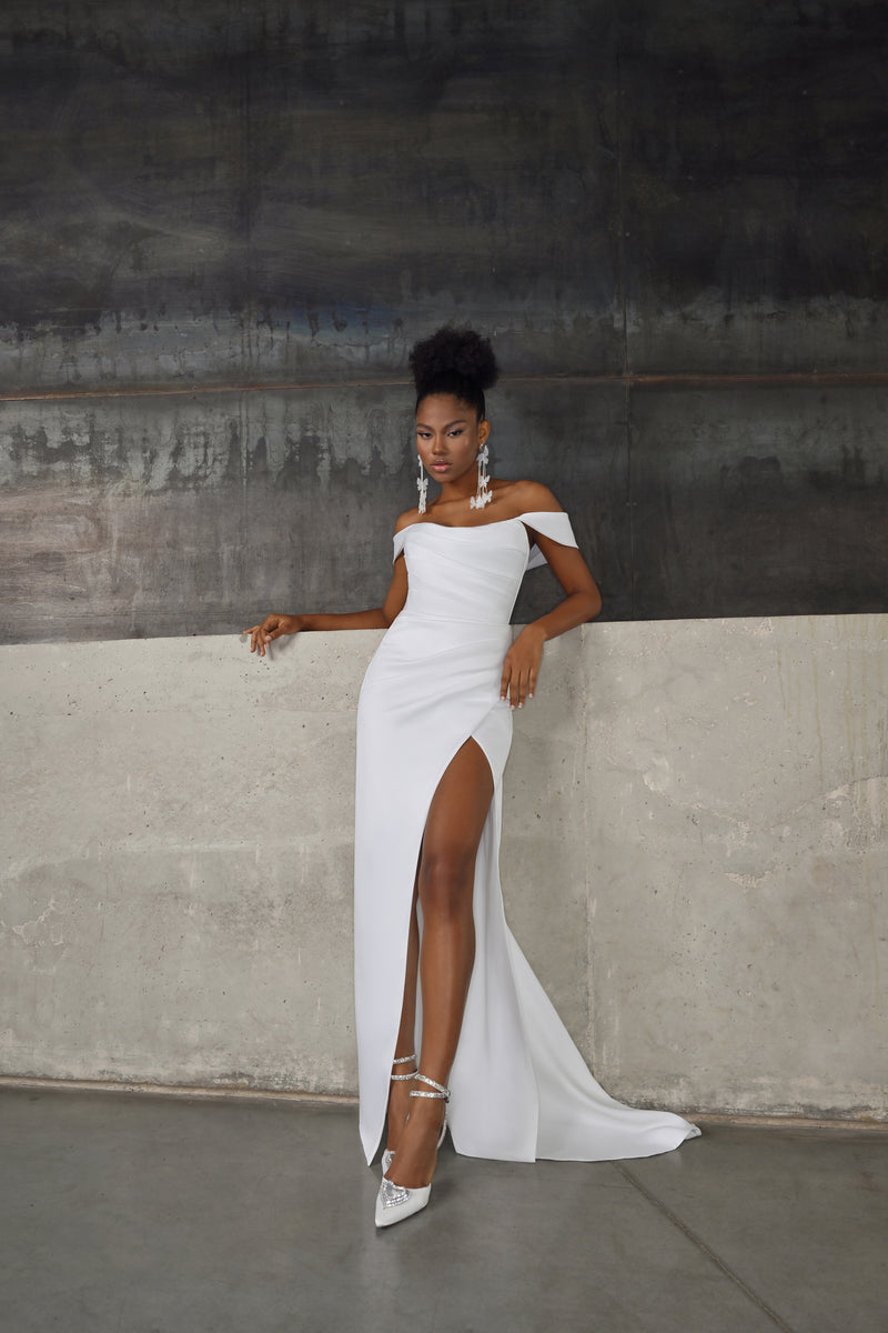 Vestido de noiva sexy minimalista sereia sem ombros com saia overskirt
