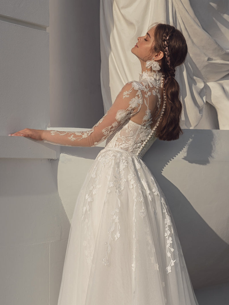 4 in One: Lace Wedding Dress with Removable Overskirt and Bolero EU36