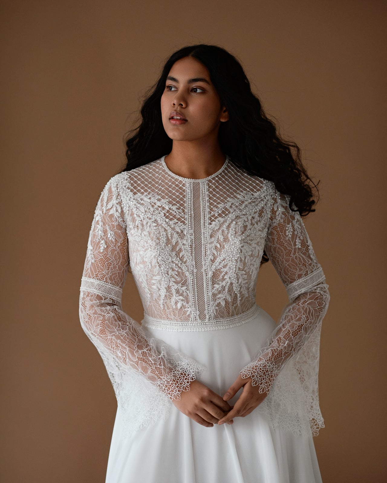 bell sleeve wedding dress Boho Mermaid Lace Bridal Gown with Off-the-Shoulder Sleeves 12 neckline adds a touch of sophistication Beach Modest Simple Puff Short