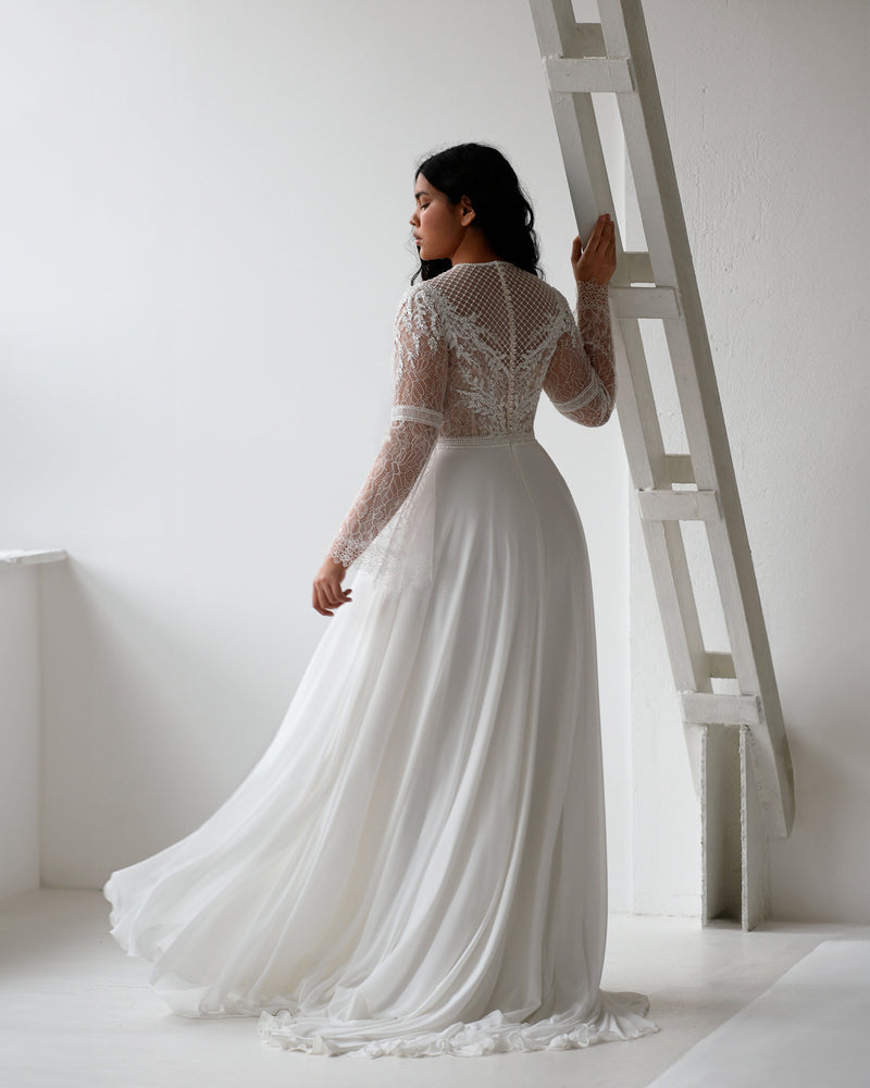 High-Neck Romantic Bell Sleeves Boho Lace A-Line Wedding Dress HAREM's Brides High-Neck Romantic Bell Sleeves Boho Lace A-Line Wedding Dress HAREM's Brides