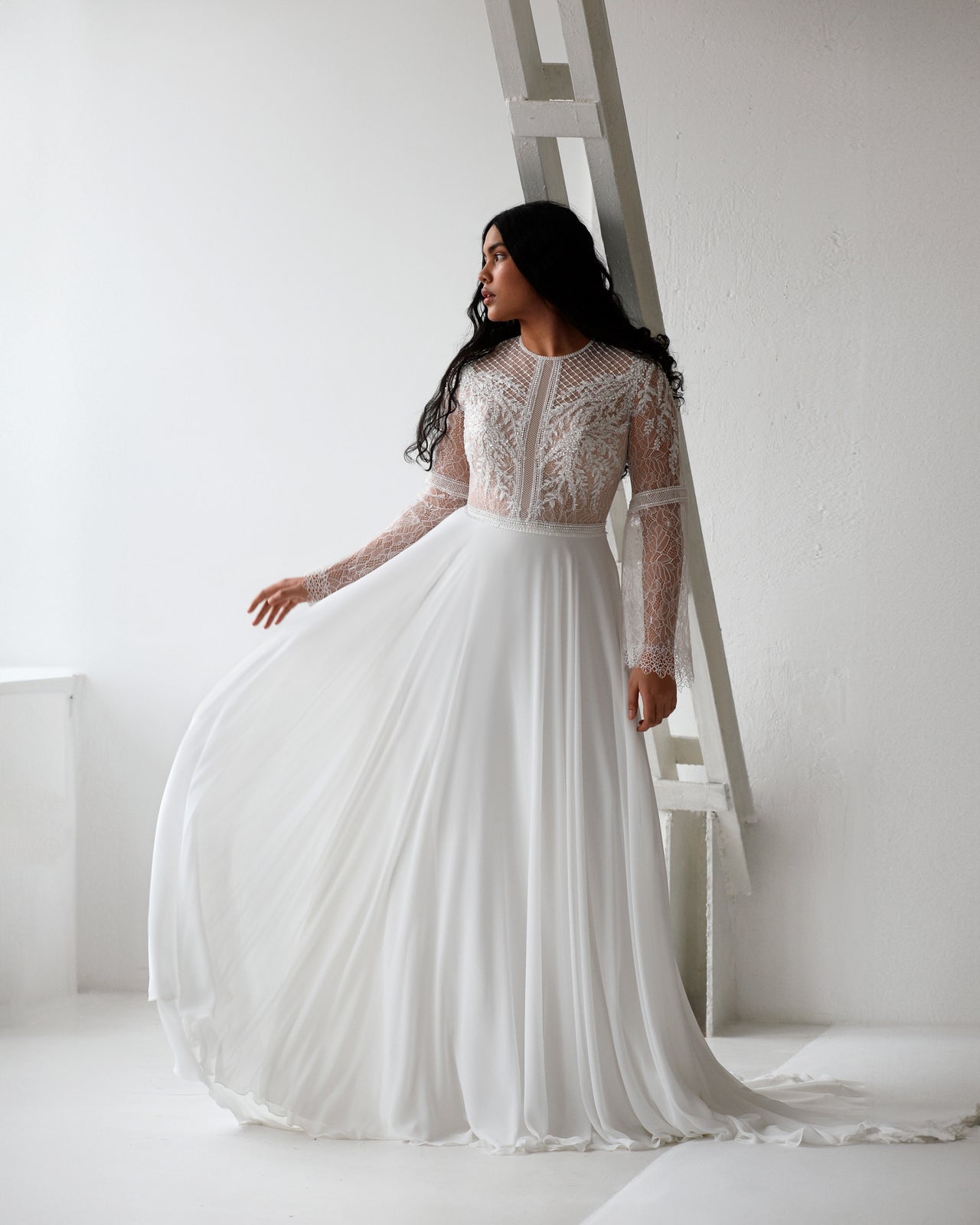 High-Neck Romantic Bell Sleeves Boho Lace A-Line Wedding Dress HAREM's Brides High-Neck Romantic Bell Sleeves Boho Lace A-Line Wedding Dress HAREM's Brides