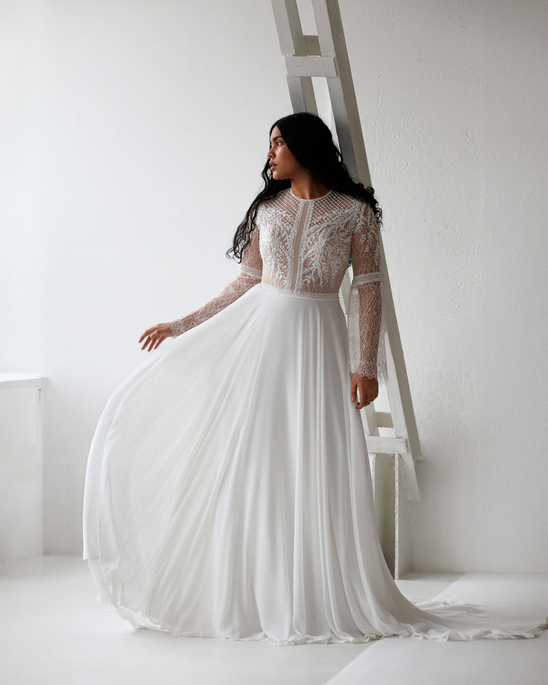 High-Neck Romantic Bell Sleeves Boho Lace A-Line Wedding Dress HAREM's Brides High-Neck Romantic Bell Sleeves Boho Lace A-Line Wedding Dress HAREM's Brides