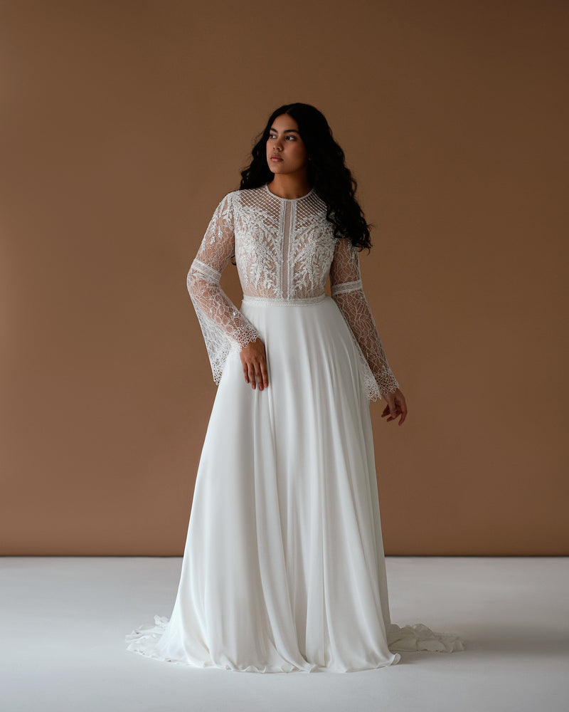 High-Neck Romantic Bell Sleeves Boho Lace A-Line Wedding Dress HAREM's Brides High-Neck Romantic Bell Sleeves Boho Lace A-Line Wedding Dress HAREM's Brides