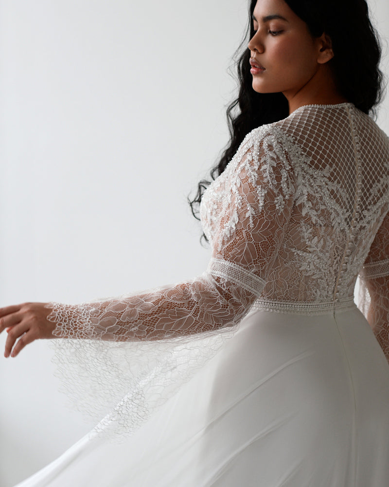 High-Neck Romantic Bell Sleeves Boho Lace A-Line Wedding Dress HAREM's Brides High-Neck Romantic Bell Sleeves Boho Lace A-Line Wedding Dress HAREM's Brides