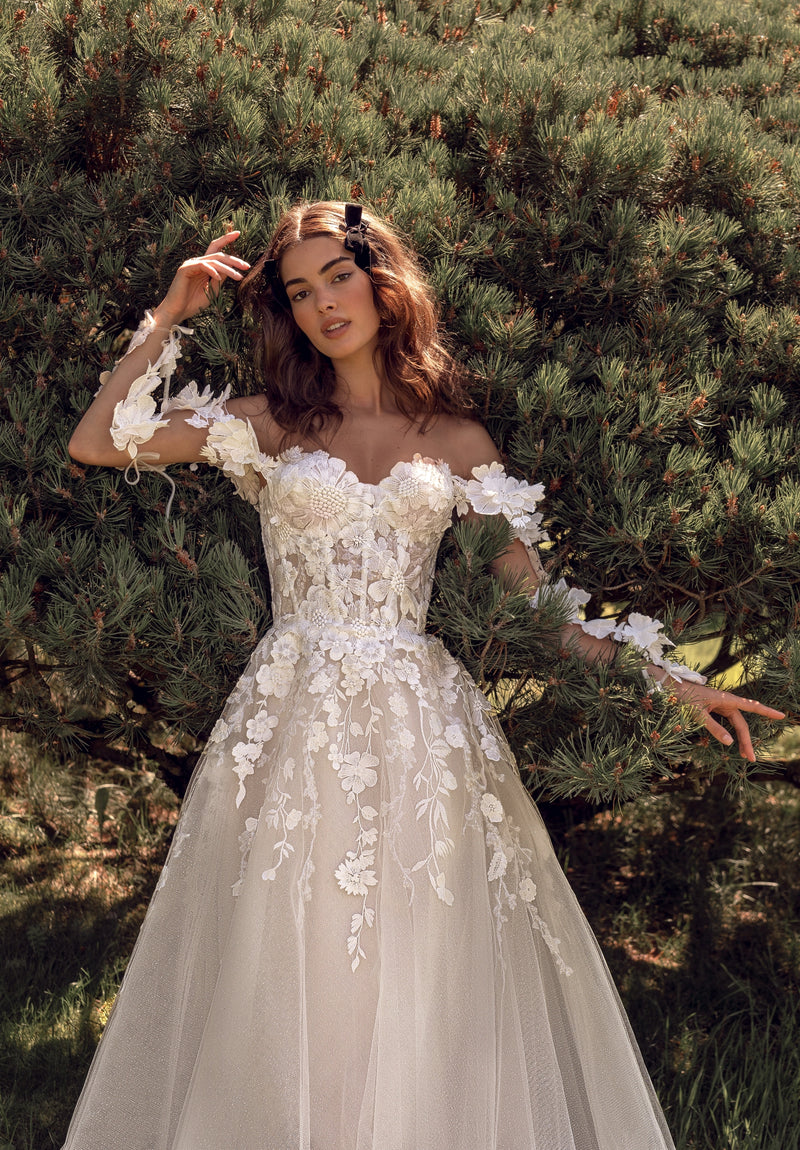 Exquisite Beauty: Off-Shoulder A-Line Wedding Dress with 3D Flowers HAREM's Brides Exquisite Beauty: Off-Shoulder A-Line Wedding Dress with 3D Flowers HAREM's Brides