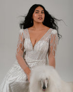 V-Neck Illusion Long Sleeve Glitter Sheath Wedding Dress