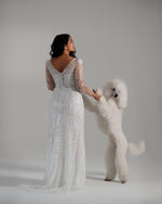 V-Neck Illusion Long Sleeve Glitter Sheath Wedding Dress