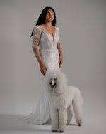 V-Neck Illusion Long Sleeve Glitter Sheath Wedding Dress