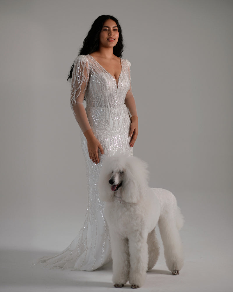 V-Neck Illusion Long Sleeve Glitter Sheath Wedding Dress