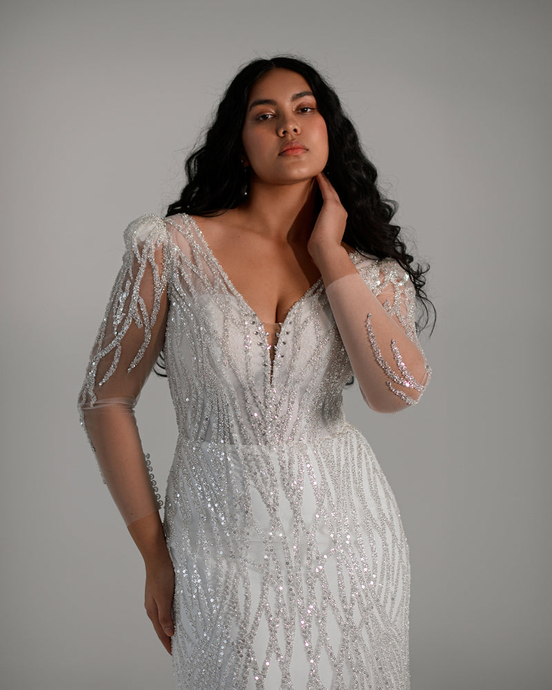 V-Neck Illusion Long Sleeve Glitter Sheath Wedding Dress