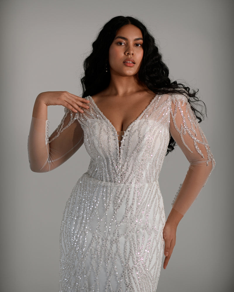 V-Neck Illusion Long Sleeve Glitter Sheath Wedding Dress