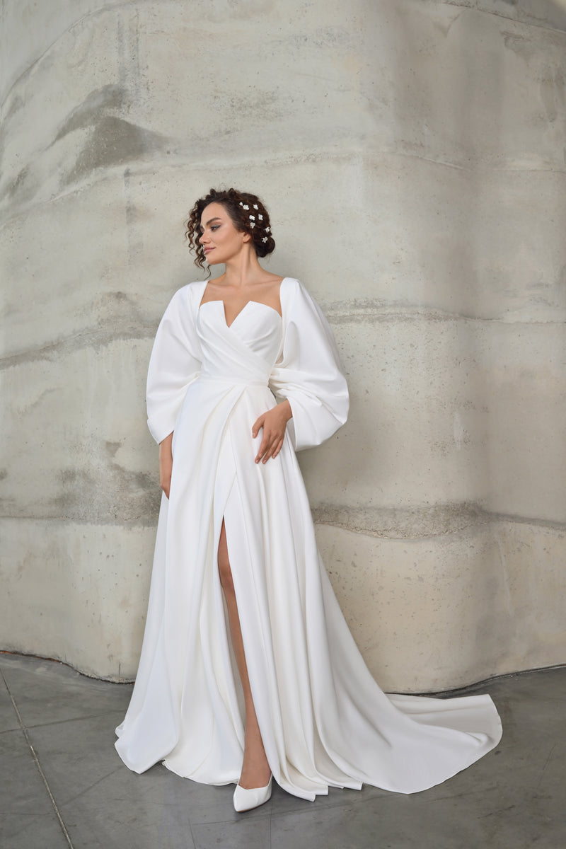 2in1: sin tirantes una línea minimalista vestido de novia con arco desmontable