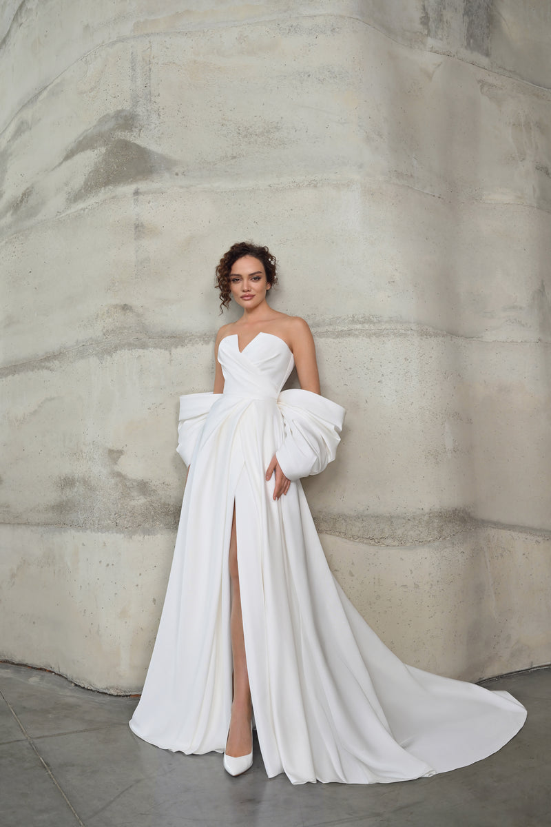 2en1 Robe de mariee trapeze minimaliste sans bretelles avec n ud amo HAREM s Brides
