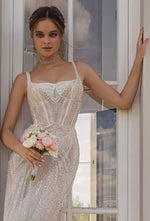 Vestido de novia de sirena brillante con escote cuadrado de lujo
