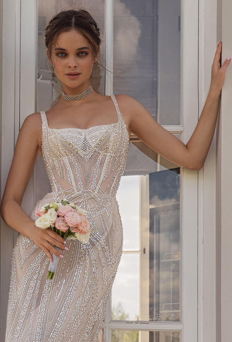 Luxury Square Neckline Shiney Mermaid Wedding Dress