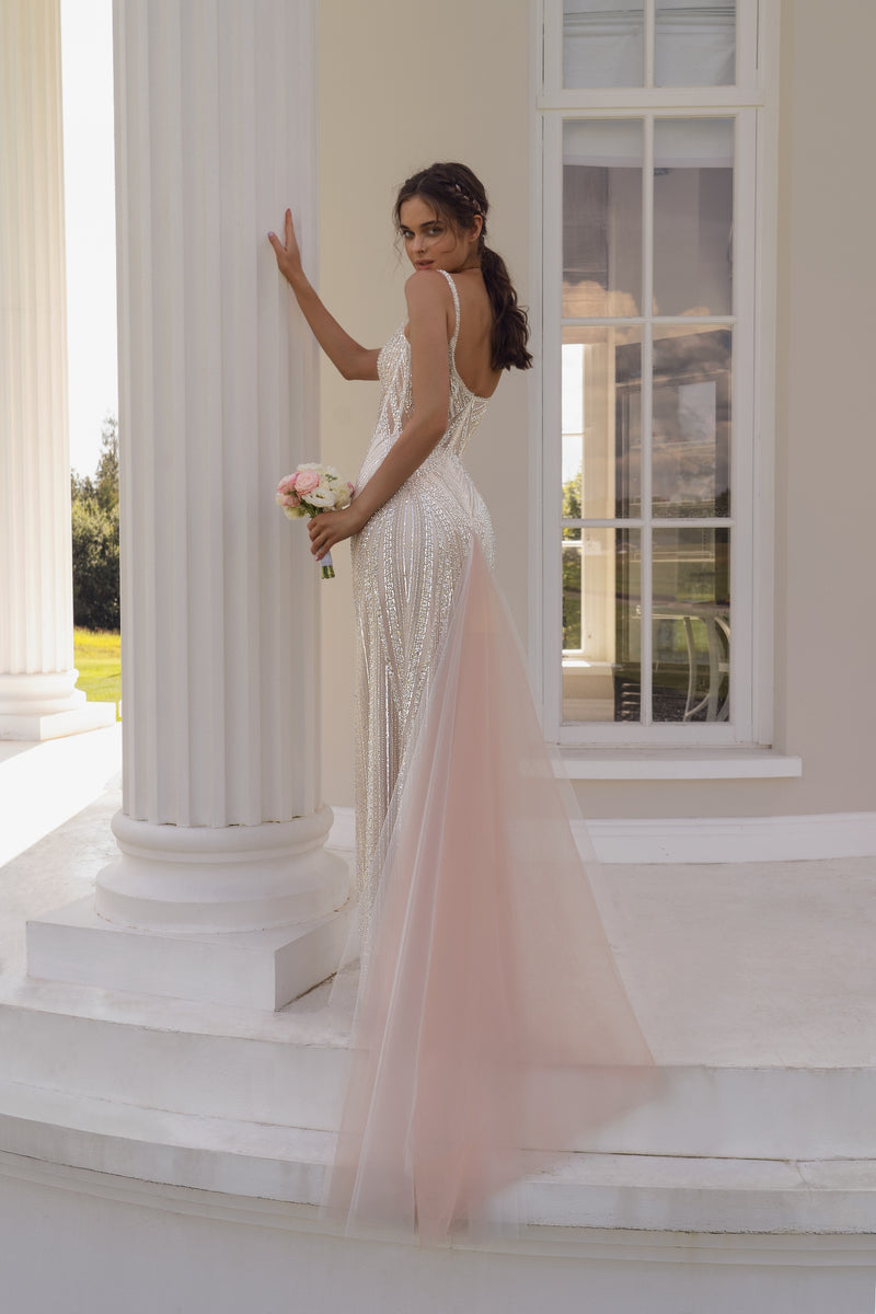 Vestido de novia de sirena brillante con escote cuadrado de lujo