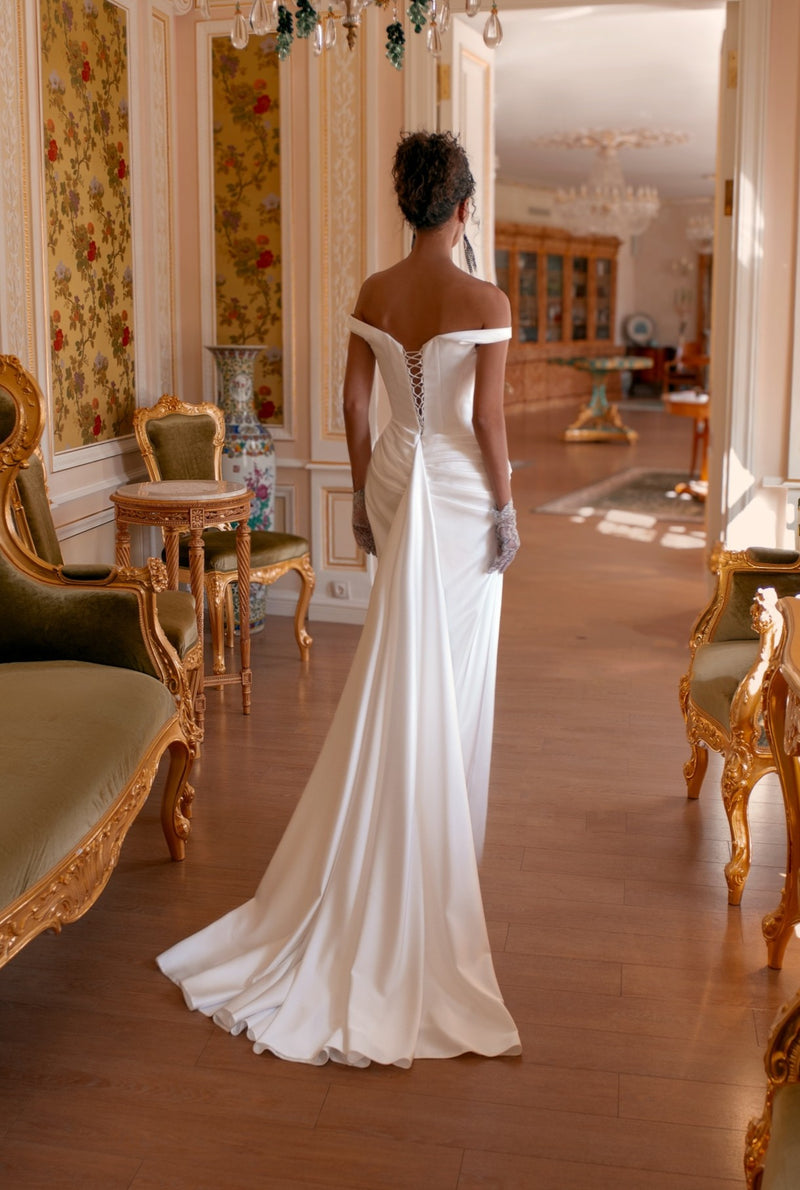 Off-Shoulder Soft Satin Wedding Dress with Side Slit | Endless Charm HAREM's Brides Off-Shoulder Soft Satin Wedding Dress with Side Slit | Endless Charm HAREM's Brides
