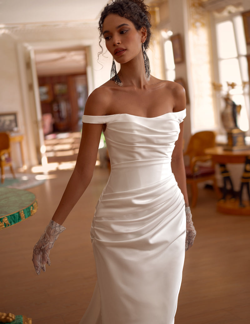 Off-Shoulder Soft Satin Wedding Dress with Side Slit Off-Shoulder Soft Satin Wedding Dress with Side Slit