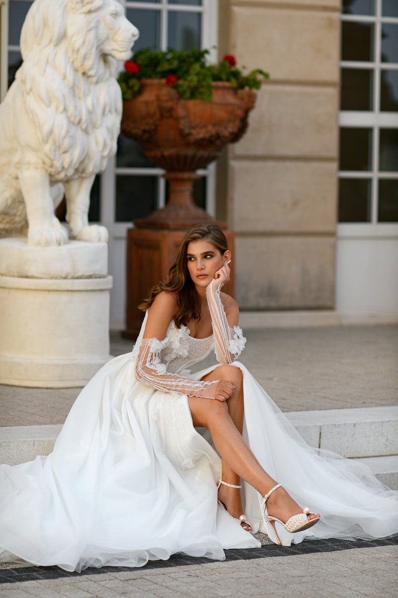Ethereal Grace A-Line Tulle Wedding Dress with Draped Lace Corset