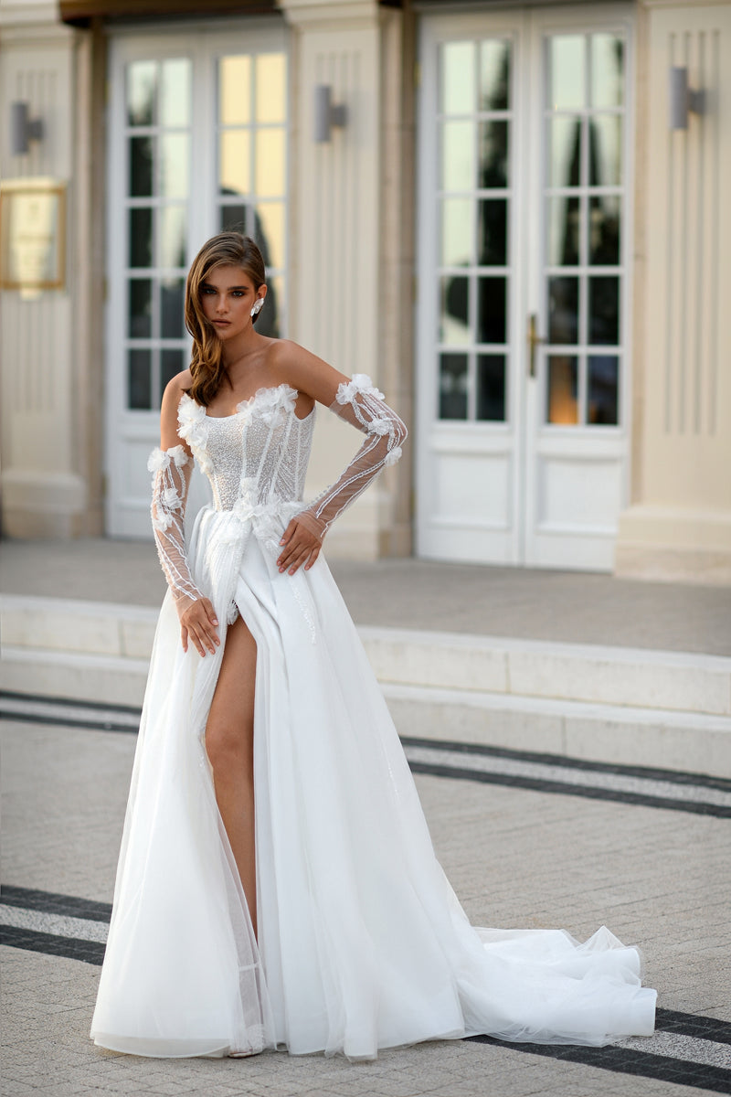Ethereal Grace A-Line Tulle Wedding Dress with Draped Lace Corset