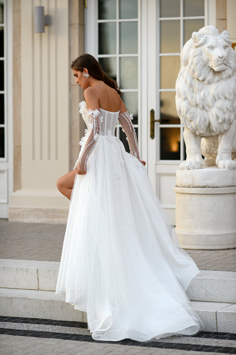 Ethereal Grace A-Line Tulle Wedding Dress with Draped Lace Corset