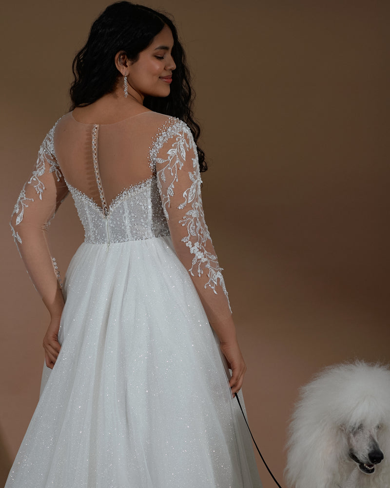 Sheer Lace Long Sleeves Glitter Tulle A-Line Wedding Dress HAREM's Brides Sheer Lace Long Sleeves Glitter Tulle A-Line Wedding Dress HAREM's Brides