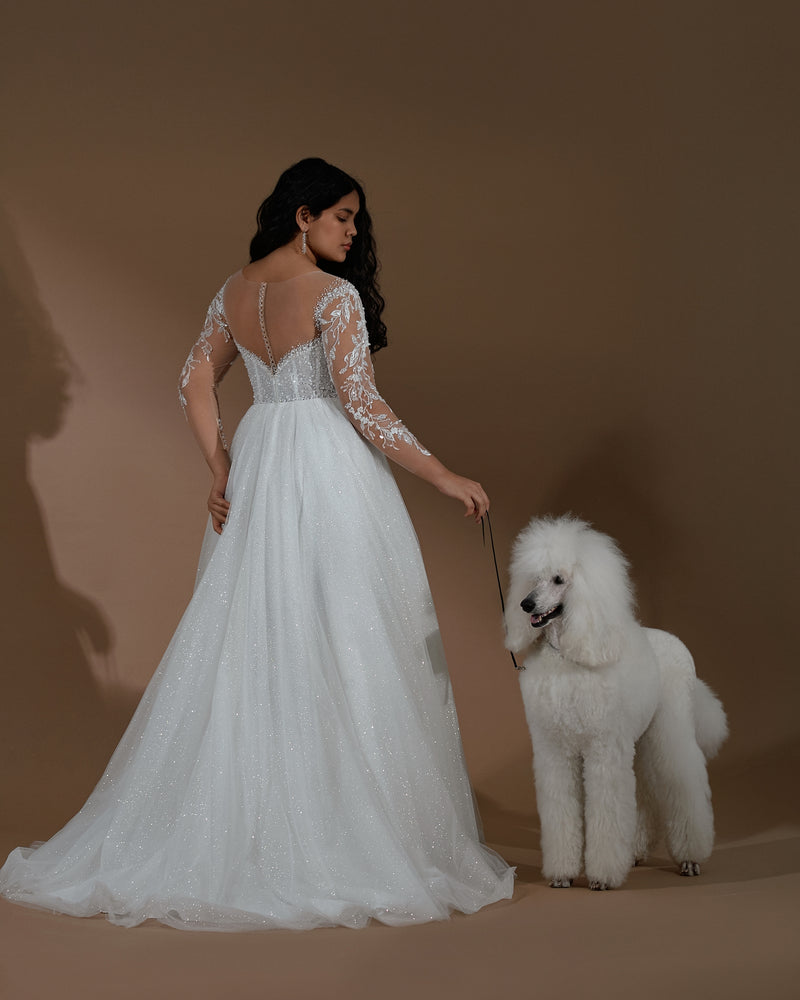 Sheer Lace Long Sleeves Glitter Tulle A-Line Wedding Dress HAREM's Brides Sheer Lace Long Sleeves Glitter Tulle A-Line Wedding Dress HAREM's Brides