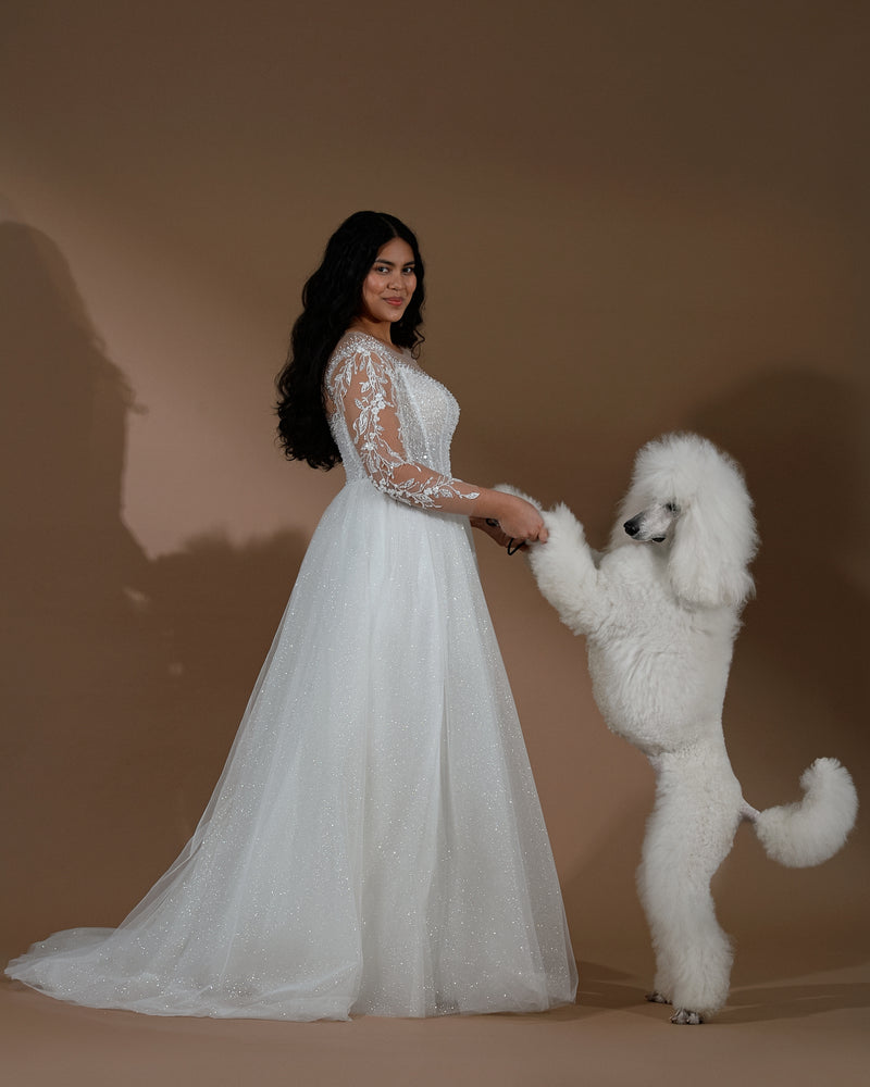 Sheer Lace Long Sleeves Glitter Tulle A-Line Wedding Dress