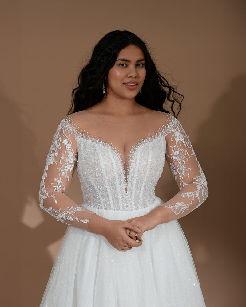 Sheer Lace Long Sleeves Glitter Tulle A-Line Wedding Dress HAREM's Brides Sheer Lace Long Sleeves Glitter Tulle A-Line Wedding Dress HAREM's Brides