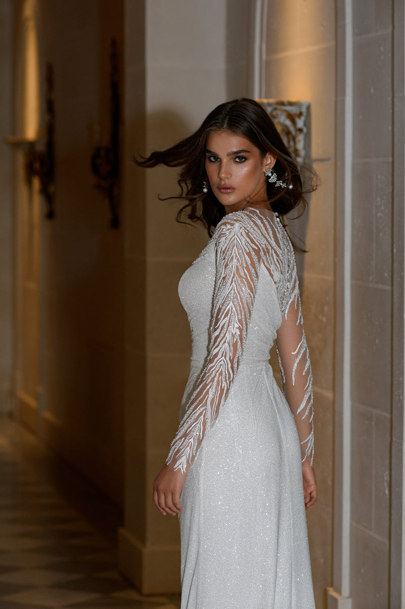 long sleeve asymmetrical wedding dress A-Line V-Neck Long Sleeves Elegant Casual Asymmetrical Chiffon Wedding Dress with Zipper Back Diamond White / 20