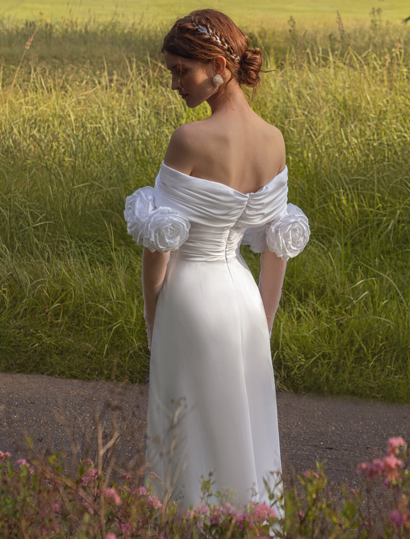 Minimalist Off-the-shoulder Silk Wedding Dress with 3-D Rose Gloves