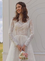 Vestido de novia modesto de encaje, manga larga, cuello alto y corte A