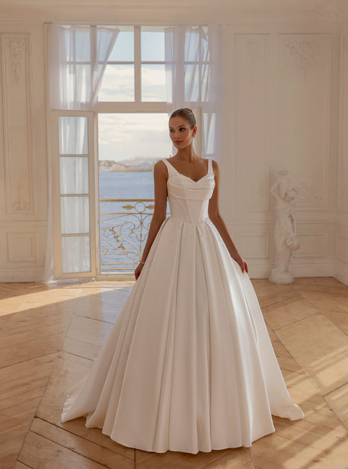 Minimalist Mikado Ball Gown Wedding Dress with Pearl Detailing | Royal Elegance