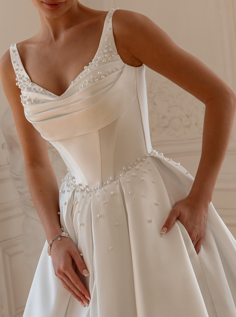 Minimalist Mikado Ball Gown Wedding Dress with Pearl Detailing