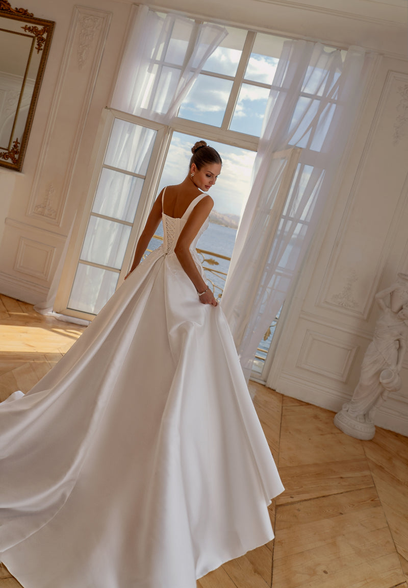 Minimalist Mikado Ball Gown Wedding Dress with Pearl Detailing Minimalist Mikado Ball Gown Wedding Dress with Pearl Detailing