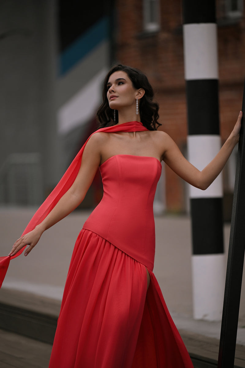 Strapless Asymmetric Chiffon-Draped Gown with Scarf Detail